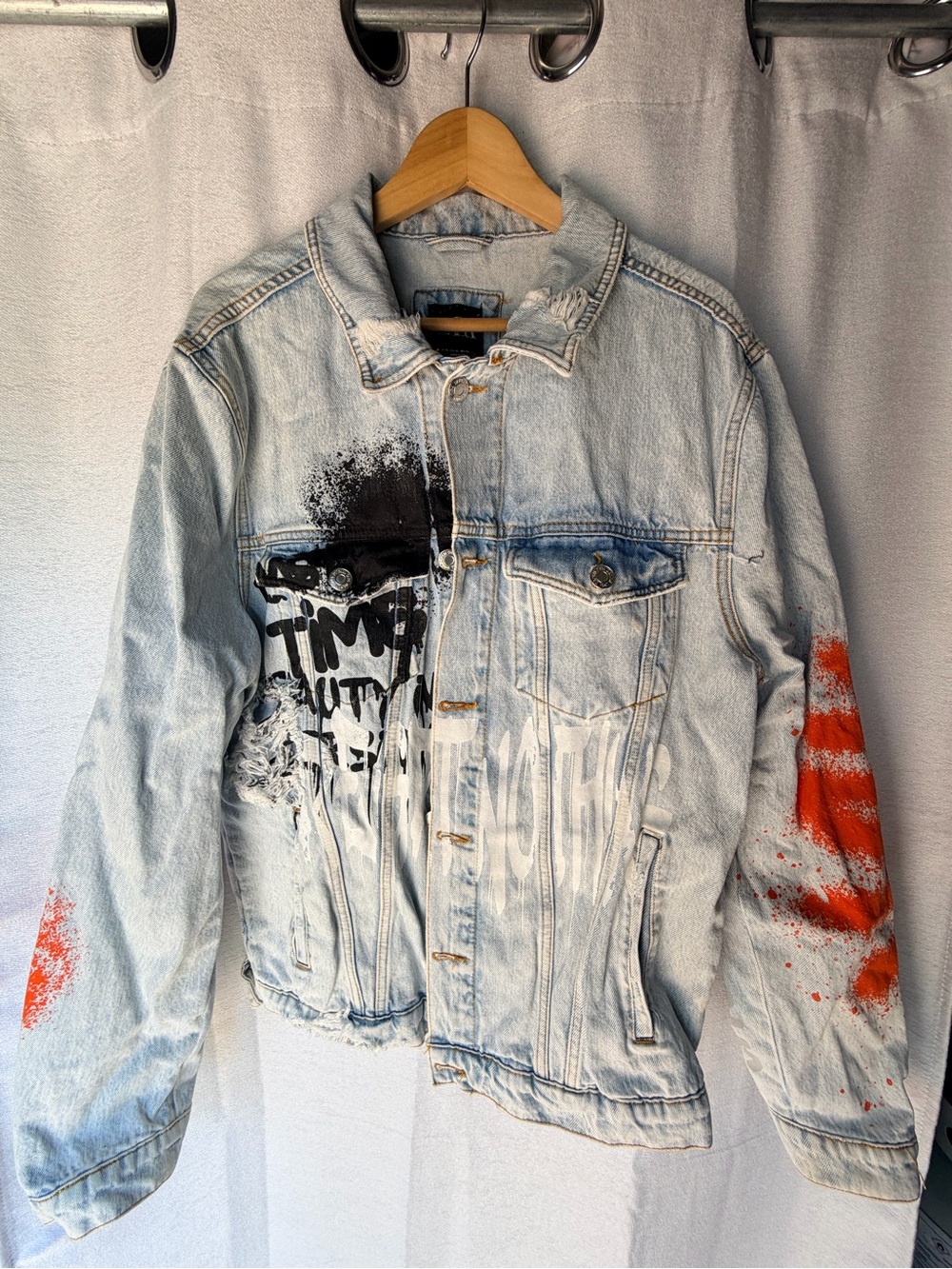 Zara Graffiti Denim Jean Jacket M “Regret Nothing” Painted Street Wear Urban Art